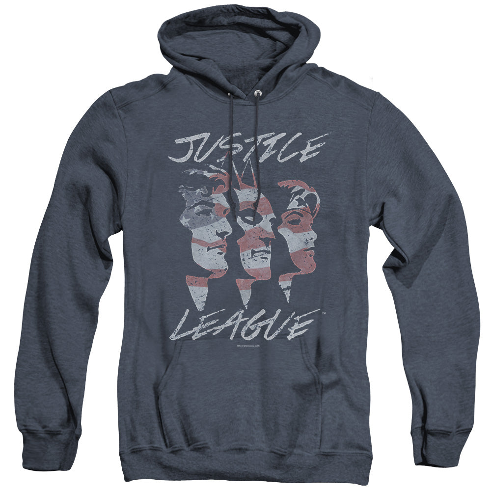Justice League Justice for America Heather Mens Hoodie Navy Blue Blue Officially Licensed
