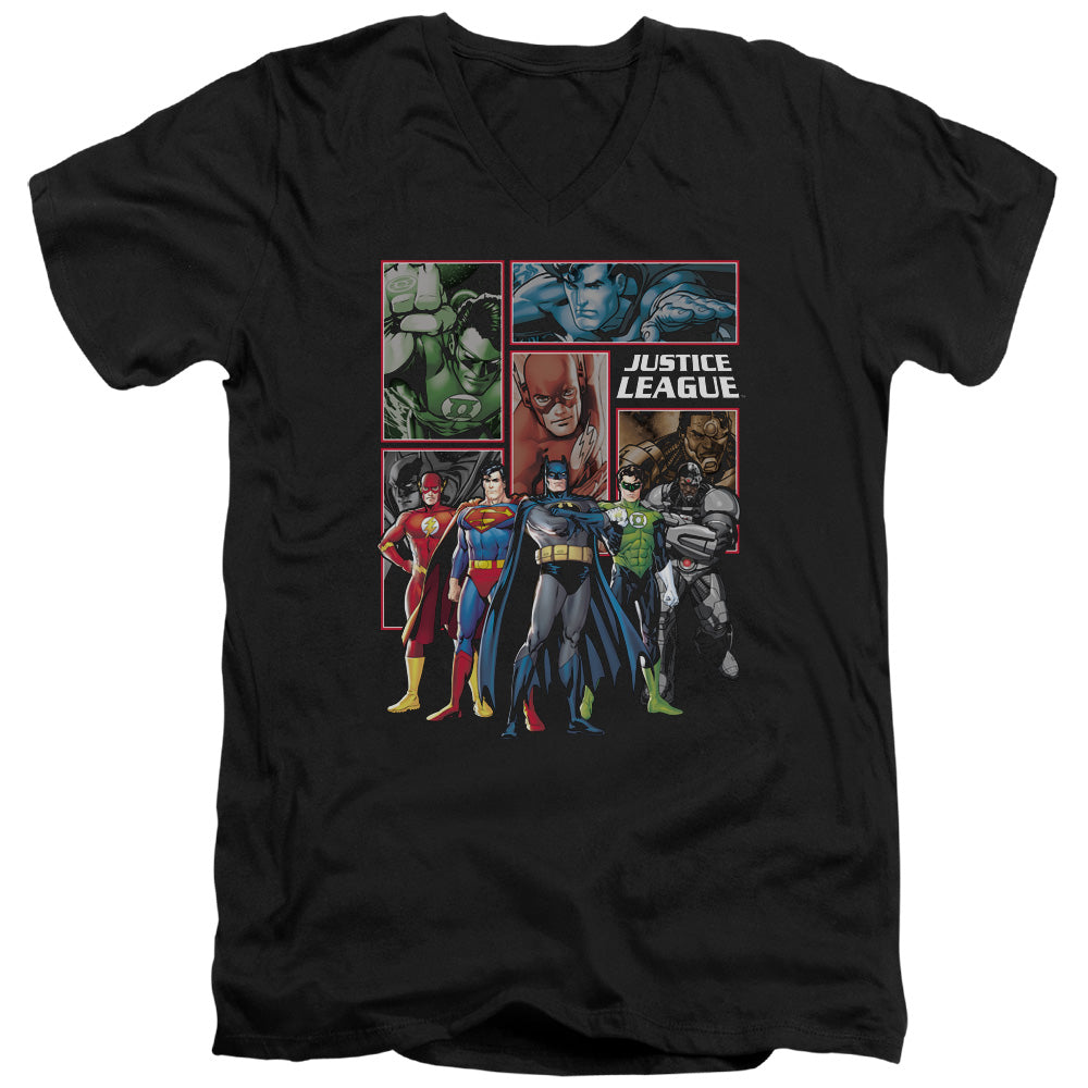 Justice League New Justice League Panels Mens Slim Fit V-Neck T Shirt Black Officially Licensed