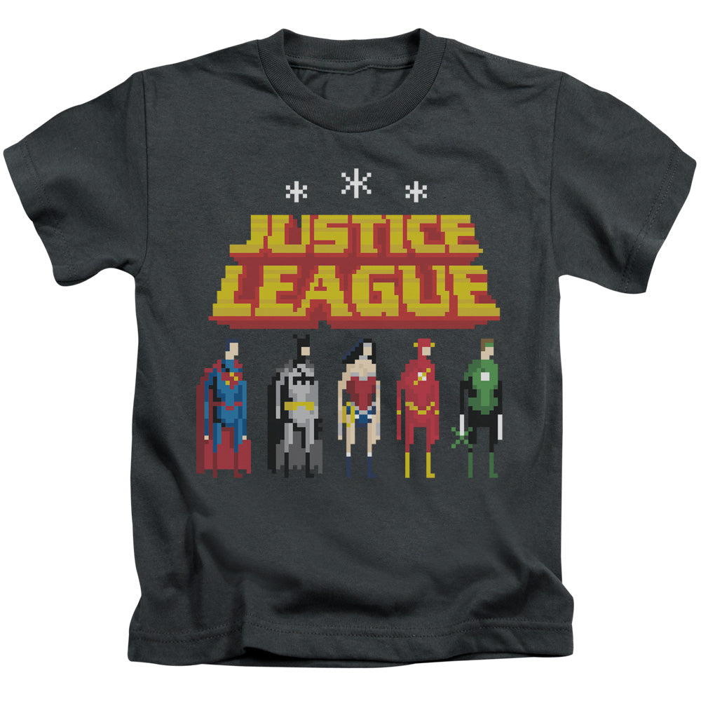 Justice League Standing Below Juvenile Kids Youth T Shirt Charcoal Officially Licensed