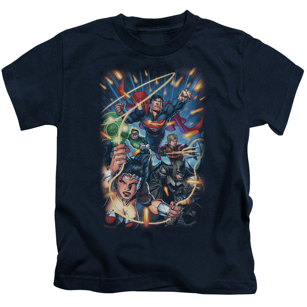 Justice League Under Attack Juvenile Kids Youth T Shirt Navy Blue Blue Officially Licensed