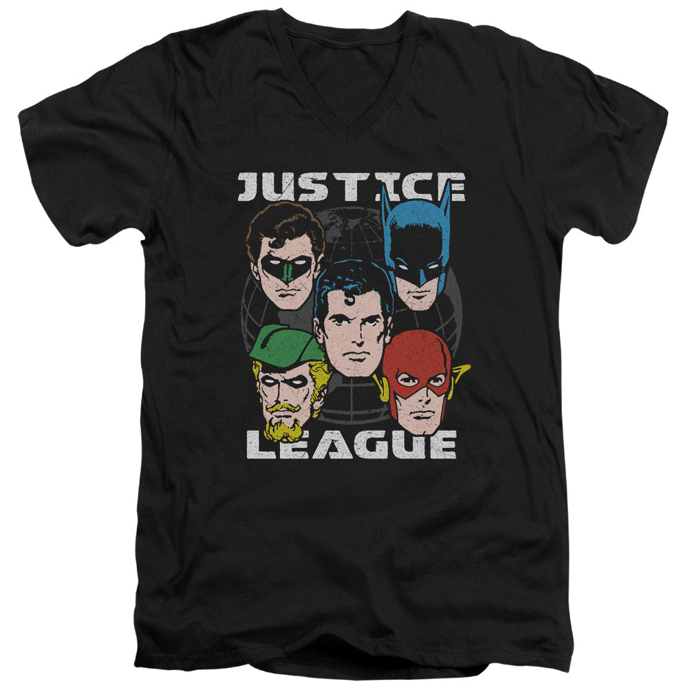 Justice League Head of States Mens Slim Fit V-Neck T Shirt Black Officially Licensed