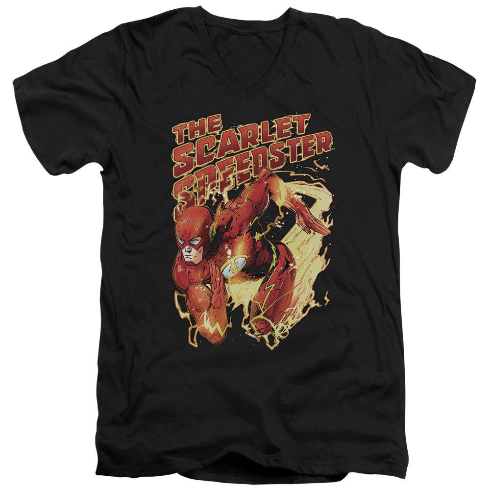 Justice League Scarlet Speedster Mens Slim Fit V-Neck T Shirt Black Officially Licensed