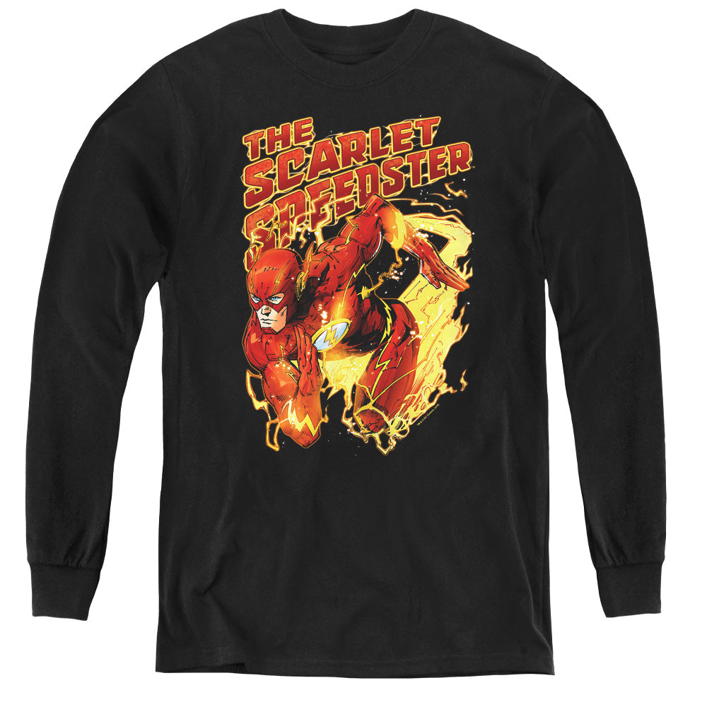 Justice League Scarlet Speedster Long Sleeve Kids Youth T Shirt Black Officially Licensed