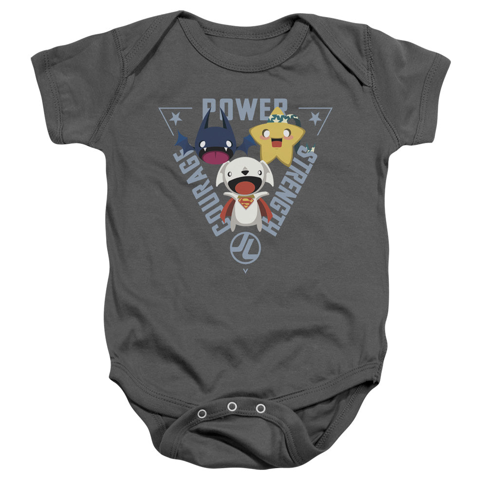 Justice League Power Trio Infant Baby Snapsuit Charcoal Officially Licensed