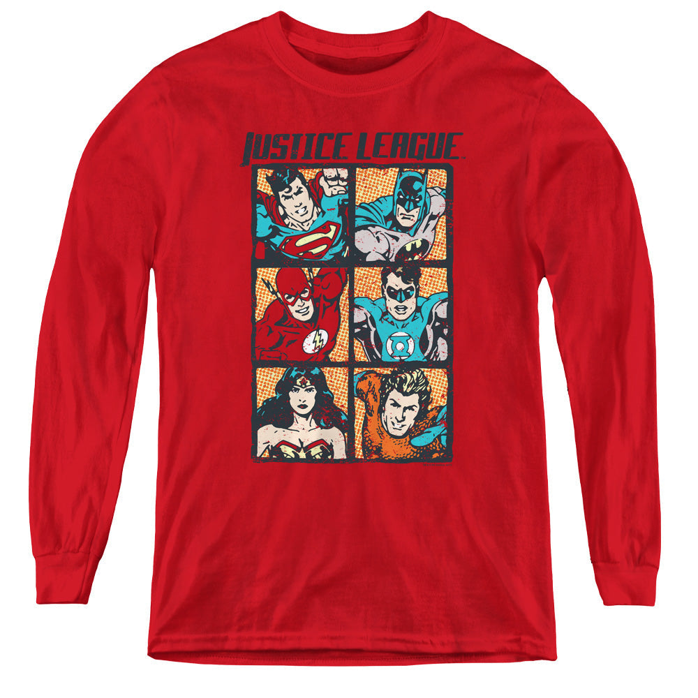 Justice League Rough Panels Long Sleeve Kids Youth T Shirt Red Officially Licensed