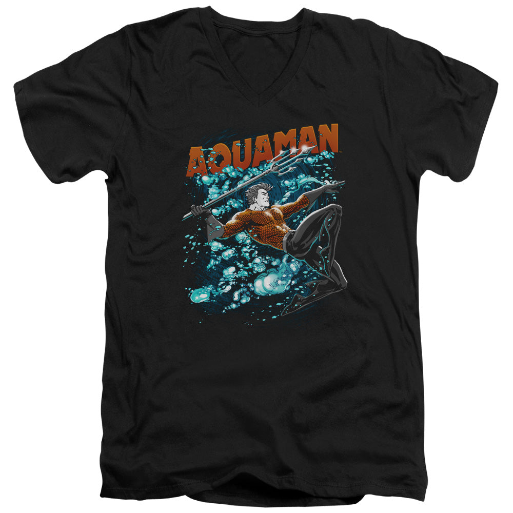 Justice League Aqua Bubbles Mens Slim Fit V-Neck T Shirt Black Officially Licensed