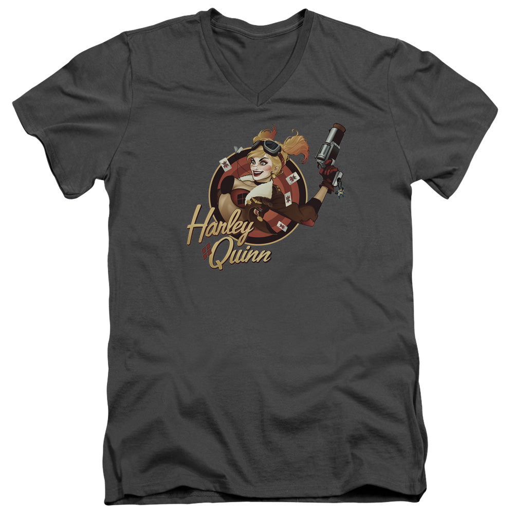 Justice League Harley Bomber Mens Slim Fit V-Neck T Shirt Charcoal Officially Licensed