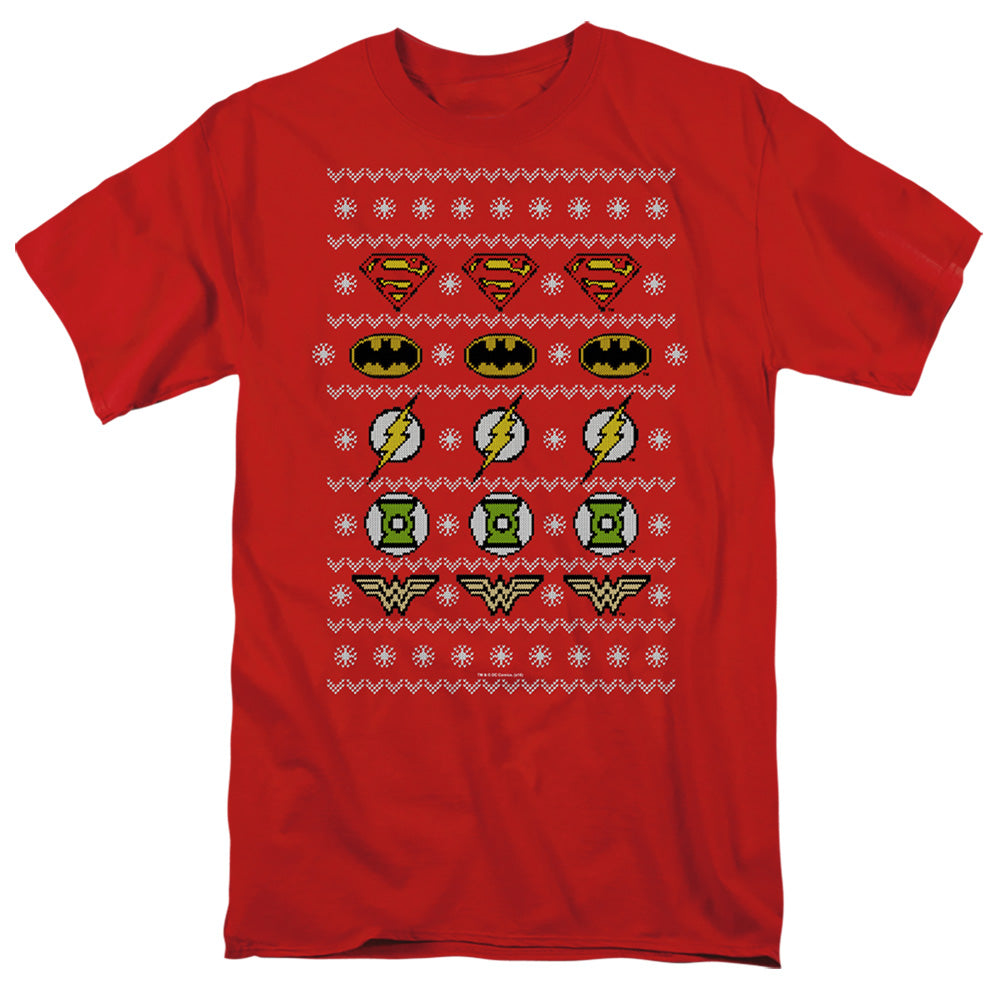 Justice League Of America Justice Shields Christmas Sweater Mens T Shirt Red Officially Licensed
