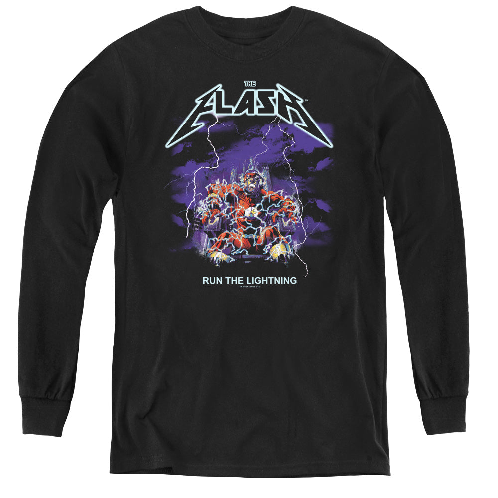 Dc Flash Run the Lightning Long Sleeve Kids Youth T Shirt Black Officially Licensed