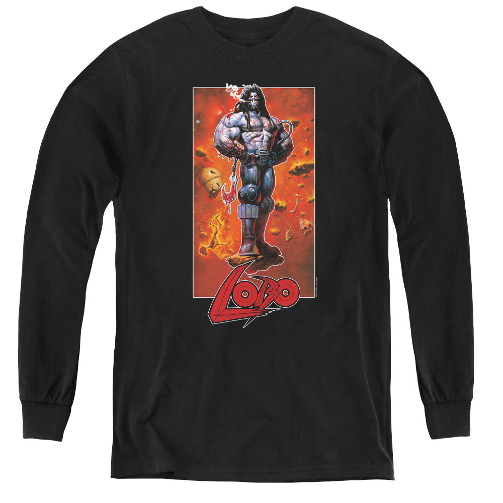 Justice League Lobo Pose Long Sleeve Kids Youth T Shirt Black Officially Licensed