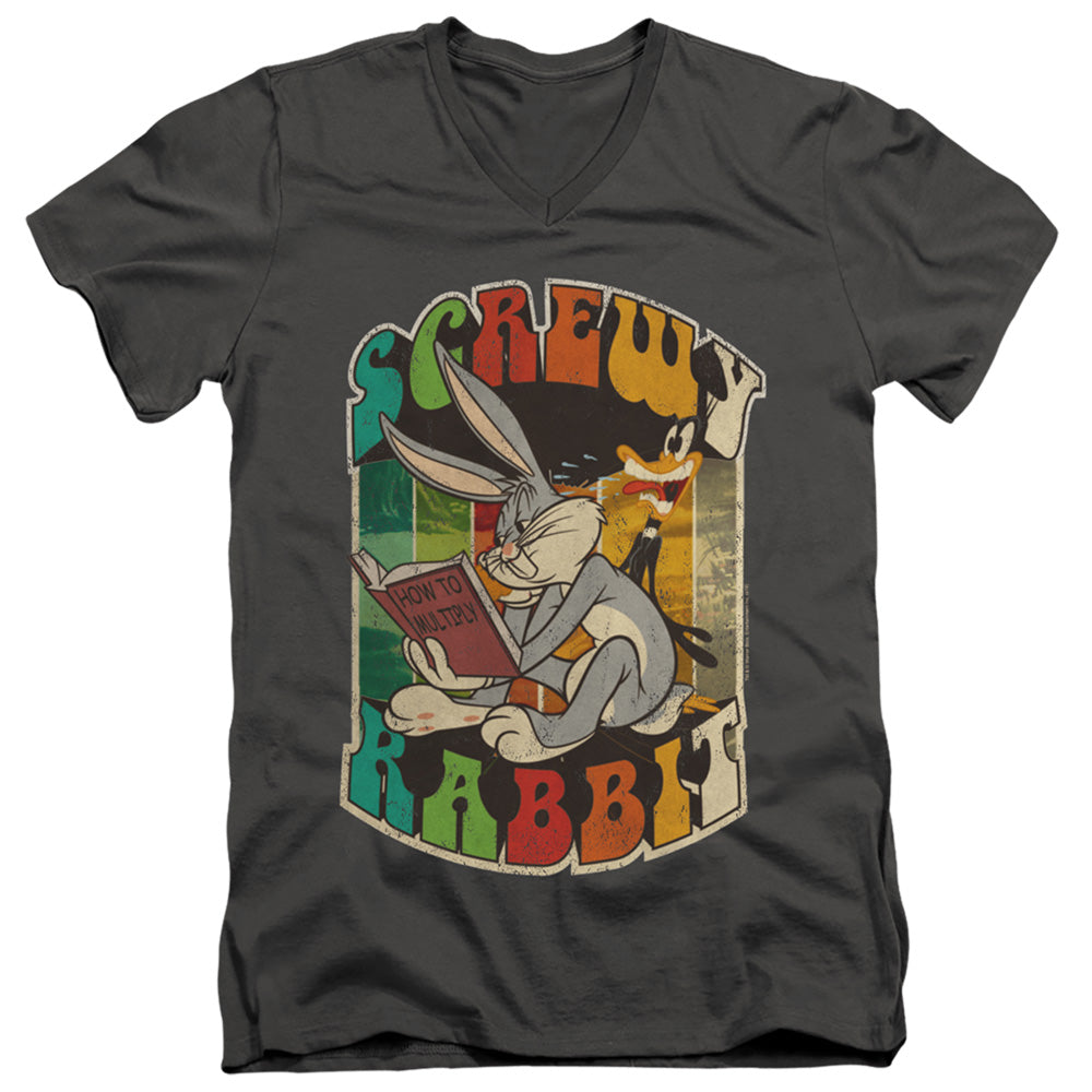 Looney Tunes Screwy Rabbit Mens Slim Fit V-Neck T Shirt Charcoal Officially Licensed