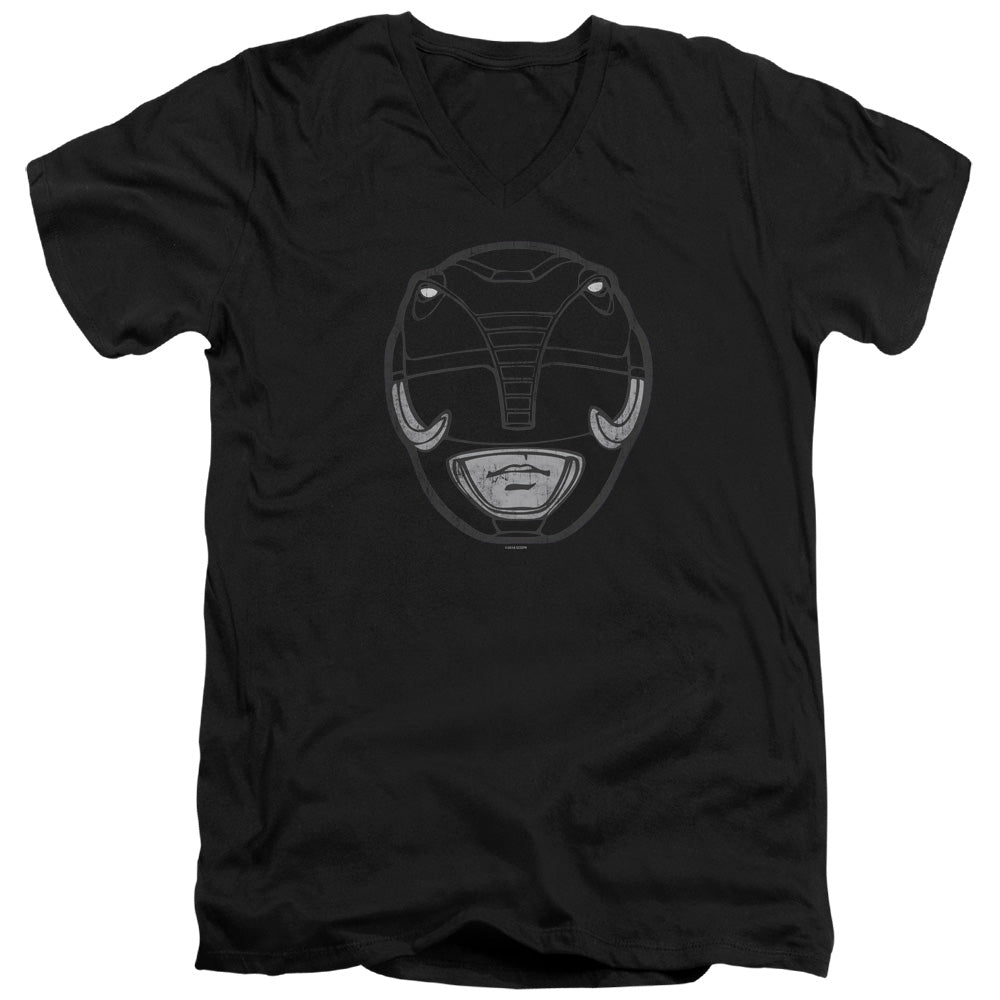 Power Rangers Black Ranger Mask Mens Slim Fit V-Neck T Shirt Black Officially Licensed
