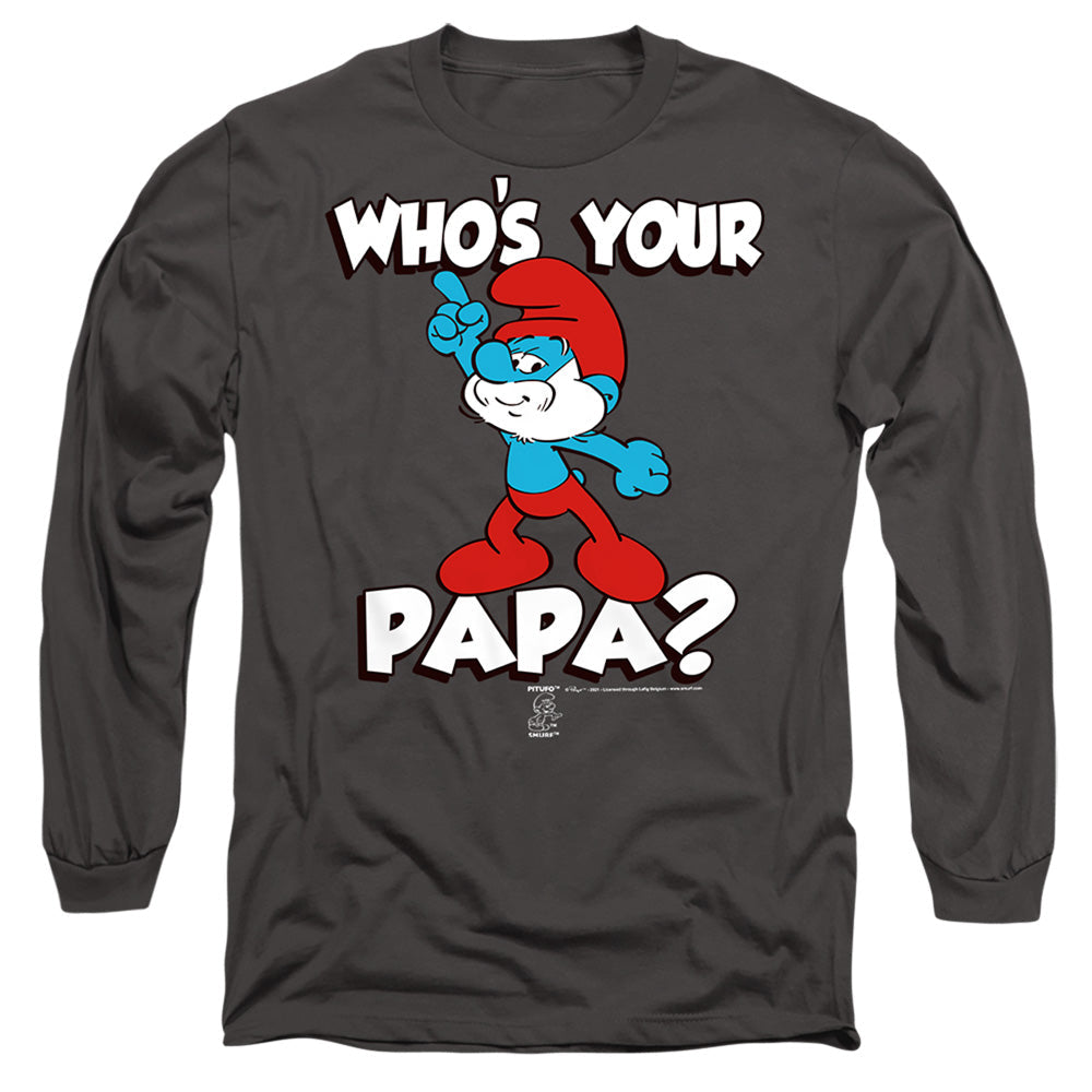Smurfs Who'S Your Papa? Mens Long Sleeve Shirt Charcoal Officially Licensed