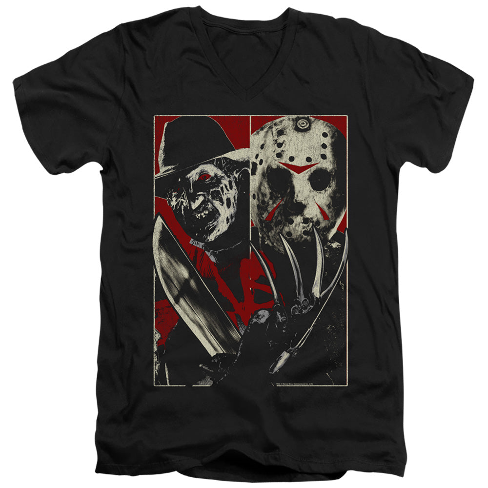 Freddy Vs Jason Vs Mens Slim Fit V-Neck T Shirt Black Officially Licensed