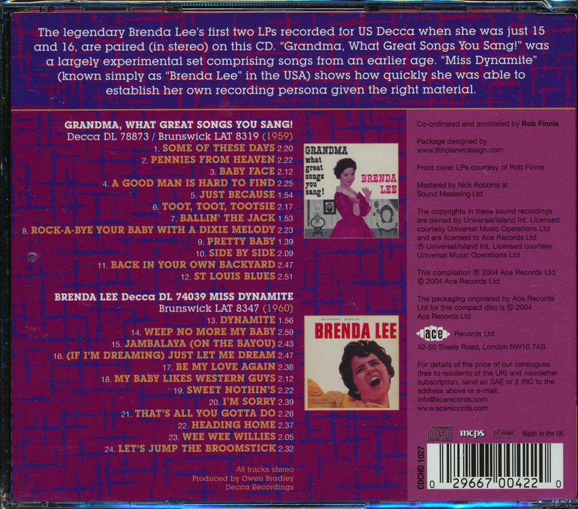 Brenda Lee - Grandma, What Great Songs You Sang + Miss Dynamite (24 tracks) [New CD]