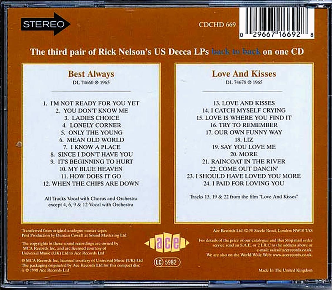 Rick Nelson - Best Always + Love And Kisses (24 tracks) [New CD]