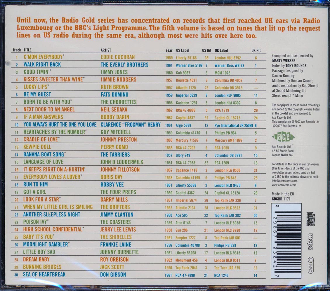 Various - Radio Gold Volume 5: 30 Original American UK Chart Hits 1956-1962 (30 tracks) [New CD]