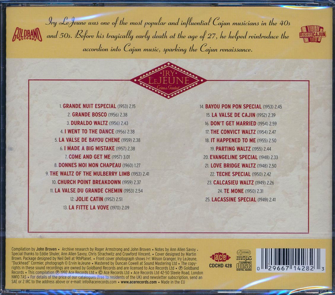 Iry LeJeune - Cajun's Greatest: The Definitive Collection (25 tracks) [New CD]