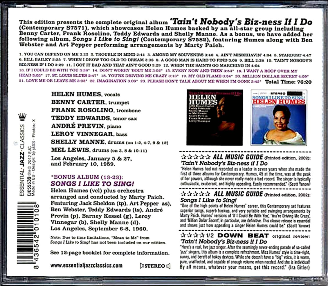 Helen Humes - Tain't Nobody's Biz-ness If Do + Songs I Like To Sing! [New CD]