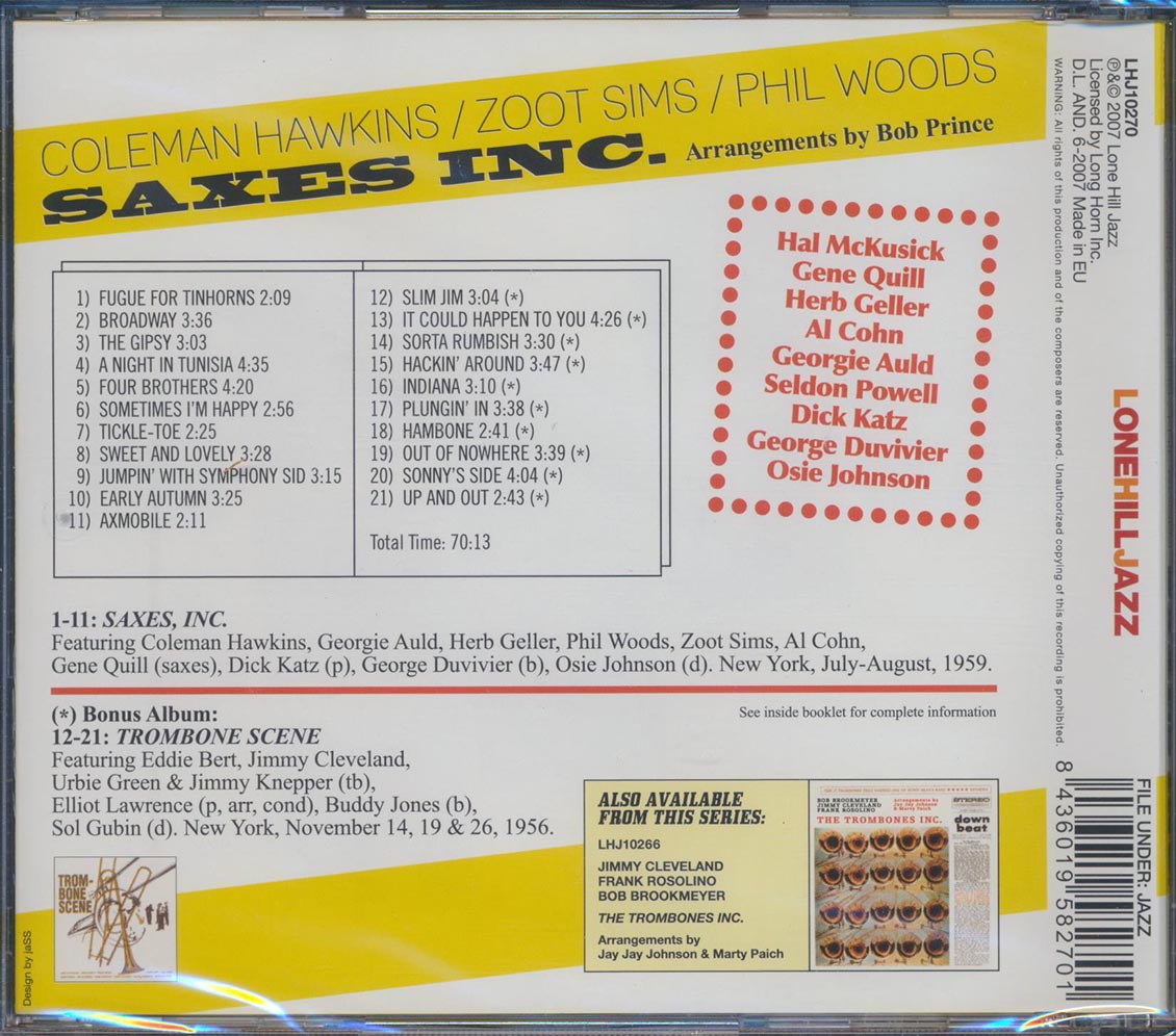 Coleman Hawkins, Zoot Sims, Phil Woods - Saxes Inc. [New CD]