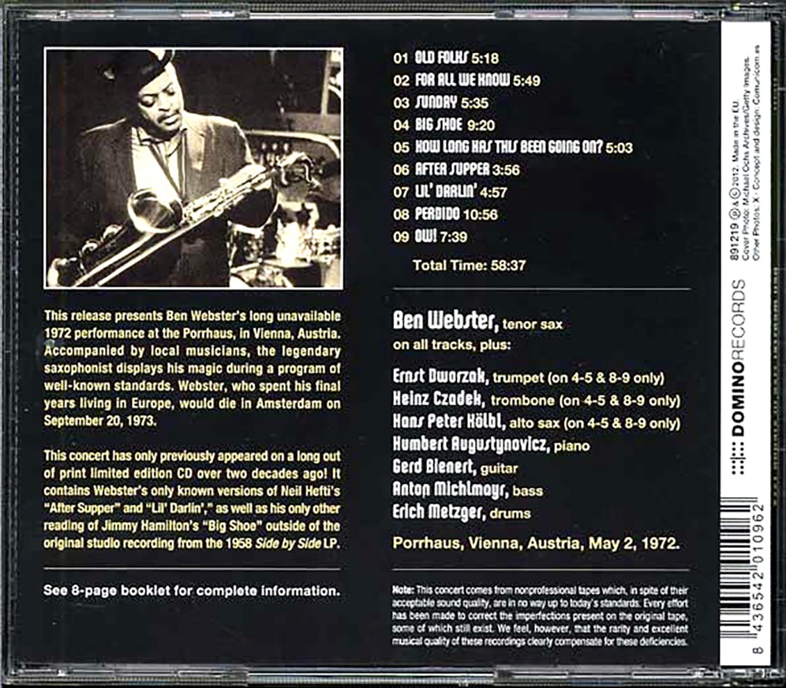 Ben Webster - Live In Vienna 1972 [New CD]