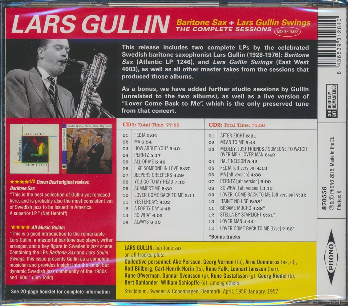 Lars Gullin - Baritone Sax + Lars Gullin Swings (The Complete Sessions) (2xCD) (incl. large booklet) (remastered) [New CD]
