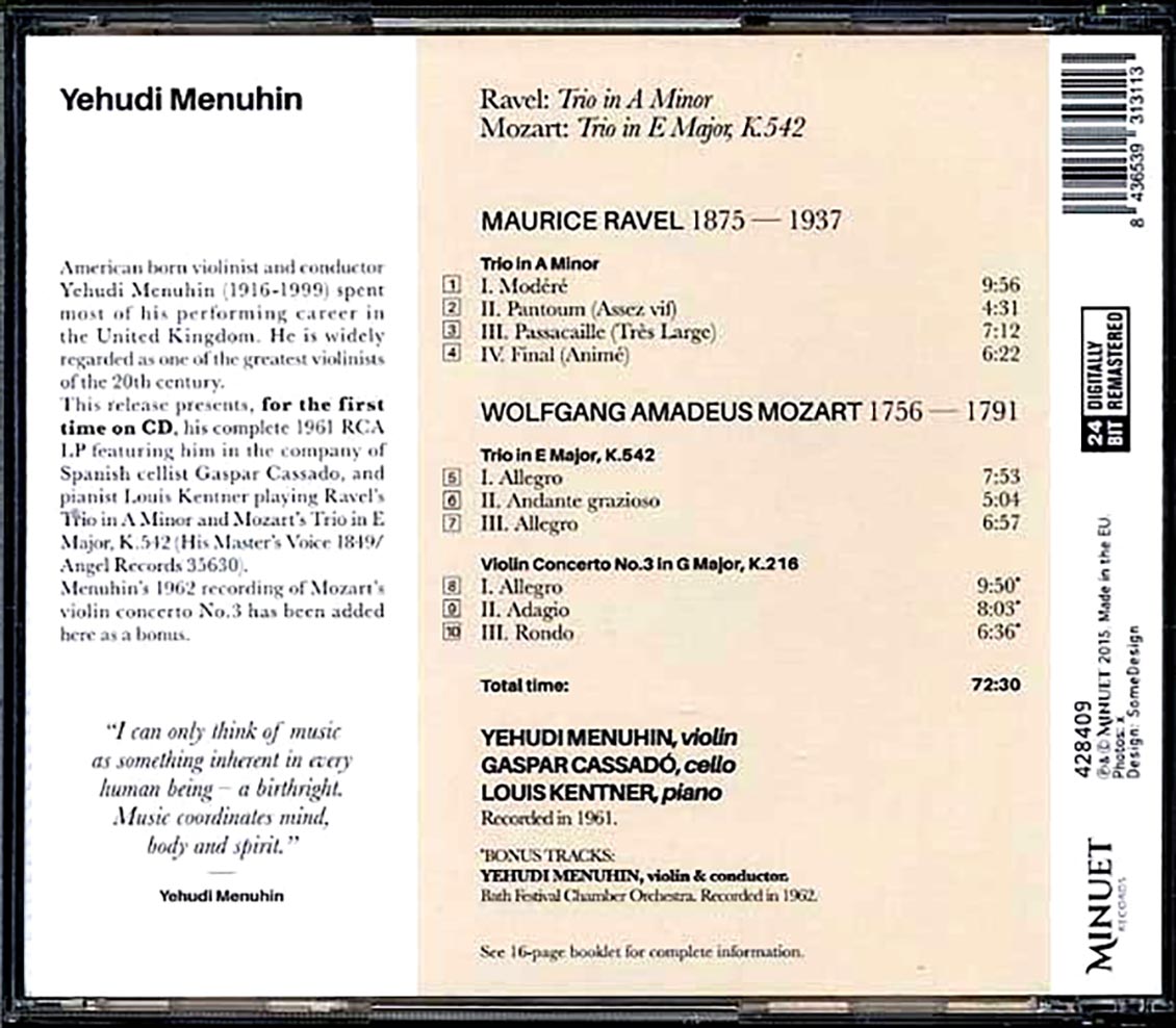 Yehudi Menuhin - Trio In A Minor + Trio In E Major, K. 542 (ltd. ed.) (incl. large booklet) (remastered) [New CD]
