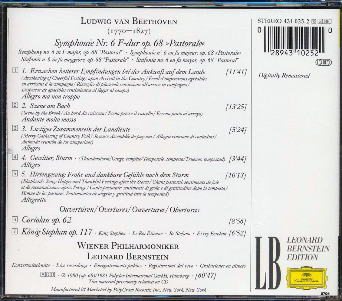 Leonard Bernstein - Beethoven: Symphony No. 6 Pastorale; Overtures Coriolan & Konig Stephan [New CD]