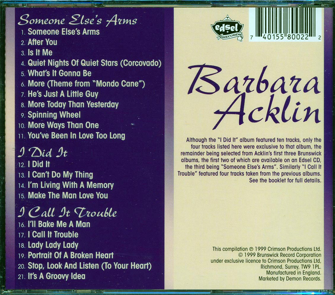 Barbara Acklin - Someone Else's Arms + I Did It + I Call It Trouble (21 tracks) [New CD]