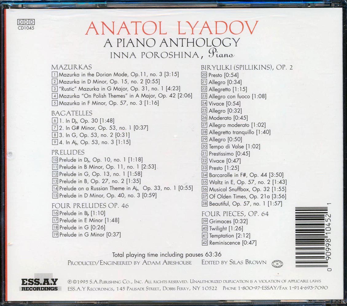Anatol Lyadov - A Piano Anthology Inna Poroshina Piano [New CD]