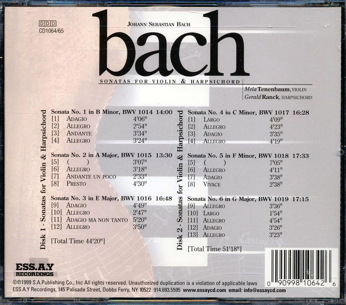 Johann Sebastian Bach, Mala Tenenbaum, Gerald Ranck - Sonatas For Violin And Harpischord (25 tracks) (2xCD) [New CD]