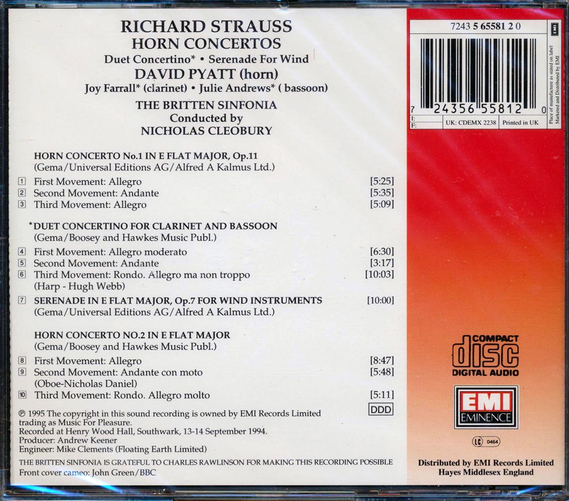 Richard Strauss, David Pyatt, Joy Farrall, Julie Andrews, The Britten Sinfonia, Nicholas Cleobury - Horn Concertos / Duett Concertino / Serenade For Wind [New CD]