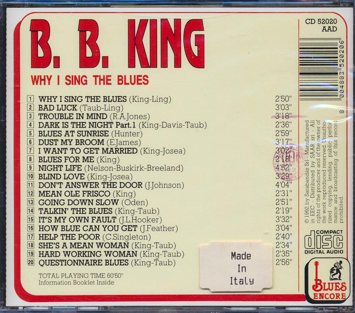 BB King - Why I Sing The Blues (20 tracks) [New CD]