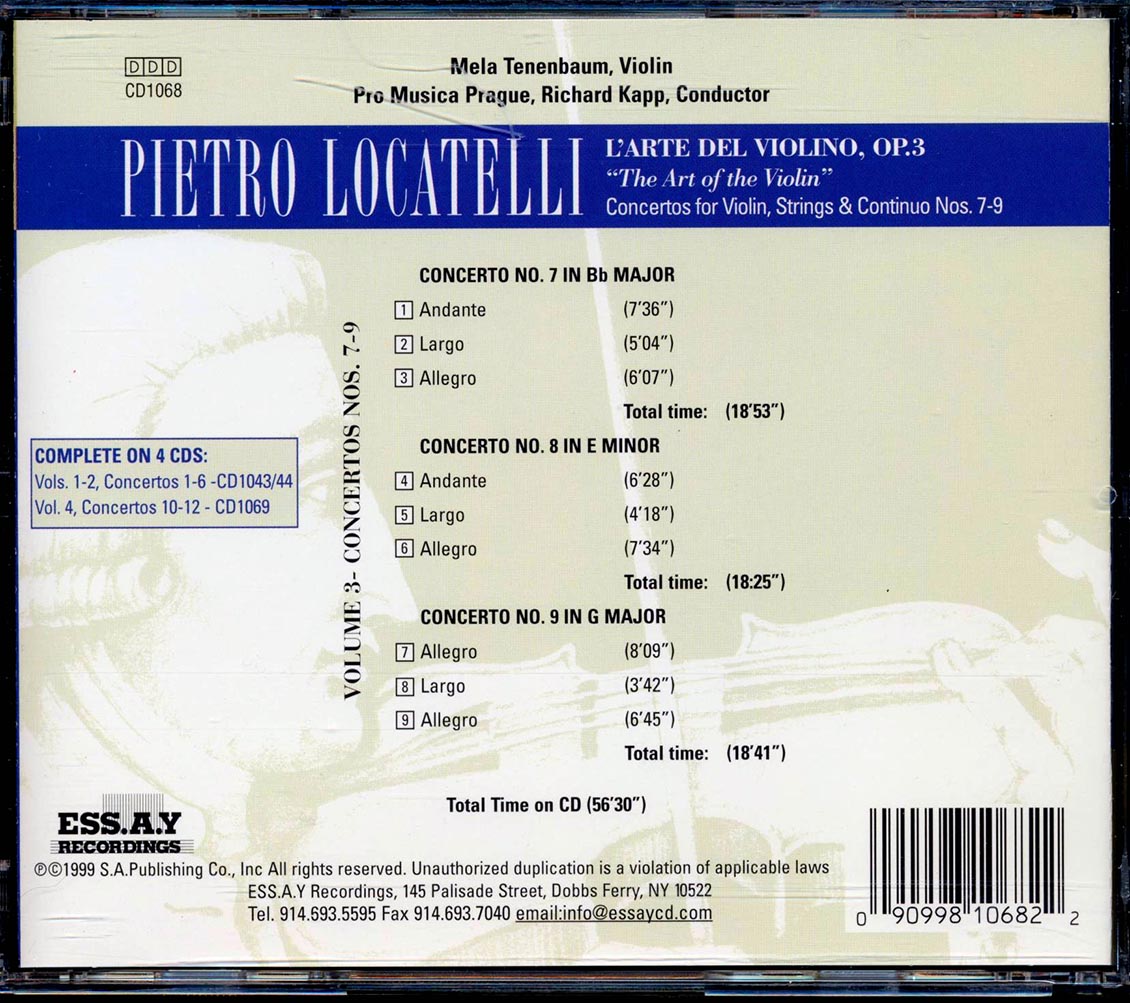 Locatelli - L'arte Del Violino Volume 3 Concertos Nos. 7-9, Mela Tenenbaum, Richard Kapp [New CD]
