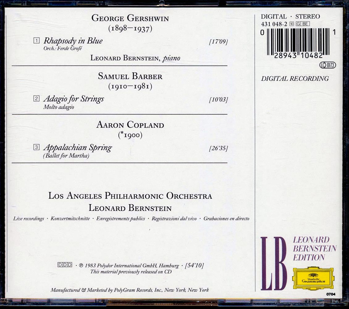 Gershwin, Copland, Barber - Rhapsody In Blue + Appalachian Spring + Adagio: Los Angeles Philharmonic Orchestra (leonard Bernstein Edition) [New CD]