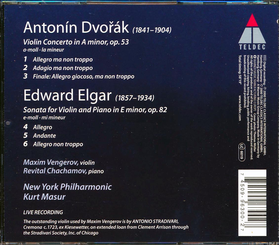 Elgar, Dvork, Maxim Vengerov, Kurt Masur, Revital Chachamov, New York Philharmonic - Violin Sonata / Violin Concerto (incl. large booklet) [New CD]