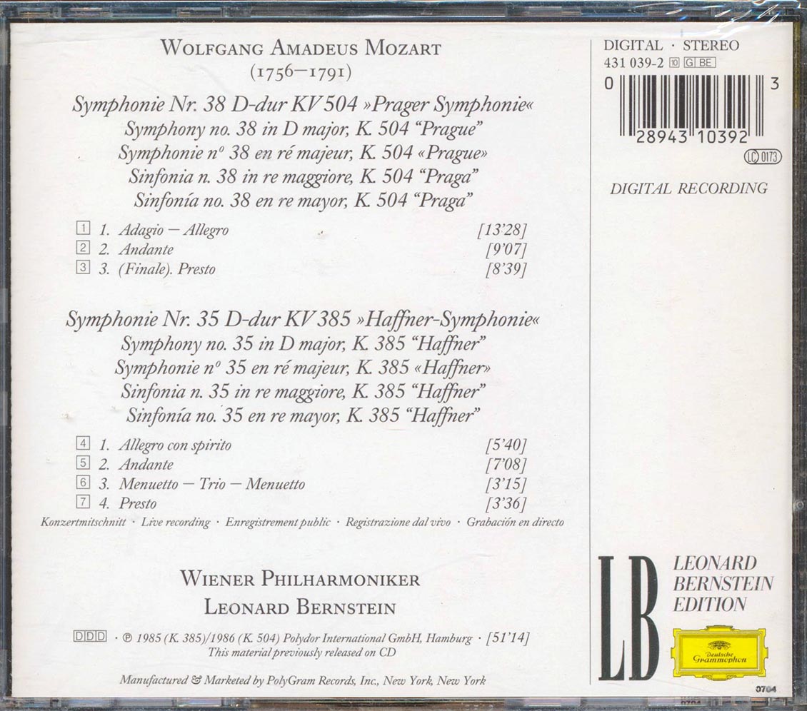 Mozart - Symphonies No. 35 Haffner, No. 38 Prague: Vienna Philharmonic Orchestra [New CD]