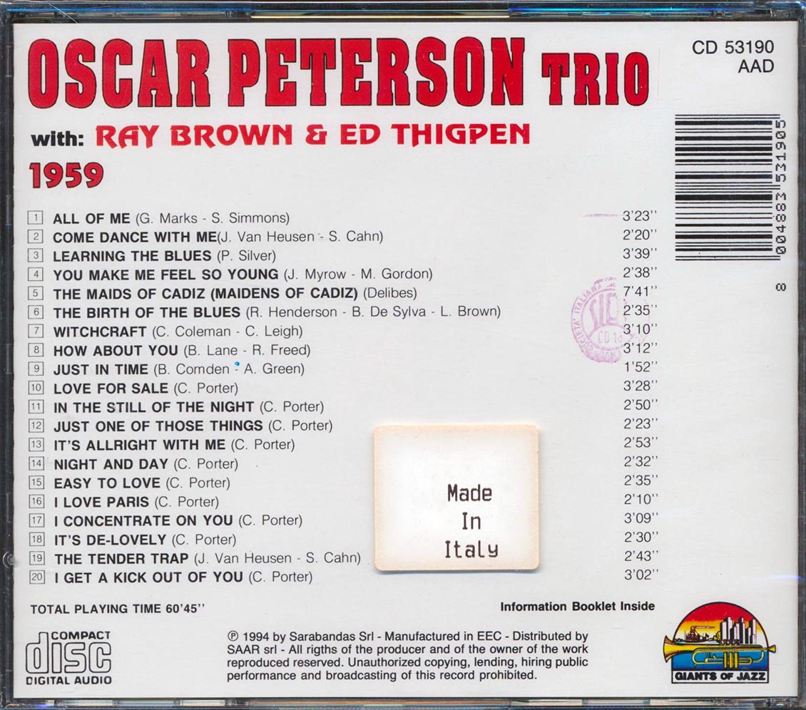 Oscar Peterson Trio - Oscar Peterson Trio: 1959 (20 tracks) [New CD]