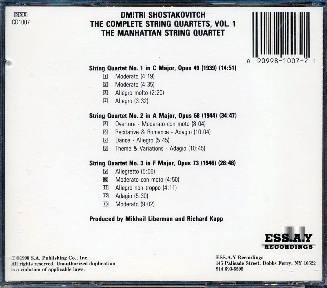 Shostakovitch, Manhattan String Quartet - Complete String Quartets, Vol. 1: Nos. 1, 2, & 3 (incl. large booklet) [New CD]