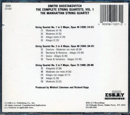 Shostakovitch, Manhattan String Quartet - Complete String Quartets, Vol. 1: Nos. 1, 2, & 3 (incl. large booklet) [New CD]
