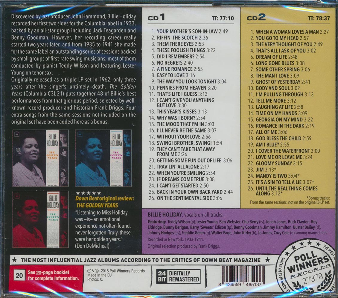 Billie Holiday - The Golden Years Vol 1 + Vol. 2 + Vol. 3 (3 albums on 2 CDs) (52 tracks) (2xCD) (incl. 20-page booklet) (24-bit mastering) (remastered) [New CD]