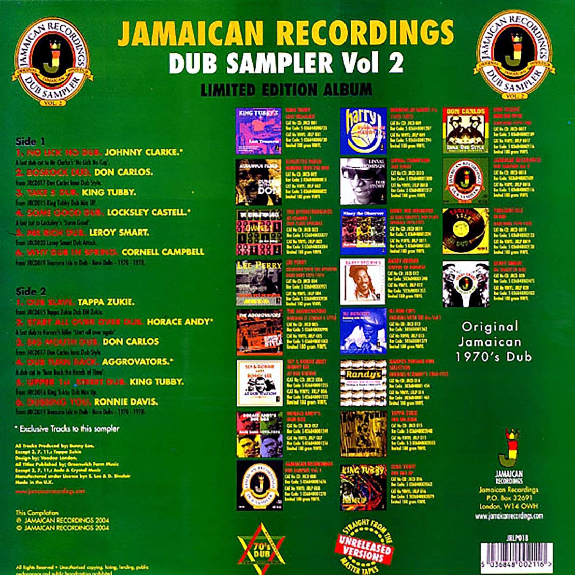 Don Carlos, Lacksley Castell, Johnny Clarke, Etc. - Jamaican Recordings Dub Sampler Volume 2 (180g) [New Vinyl LP]
