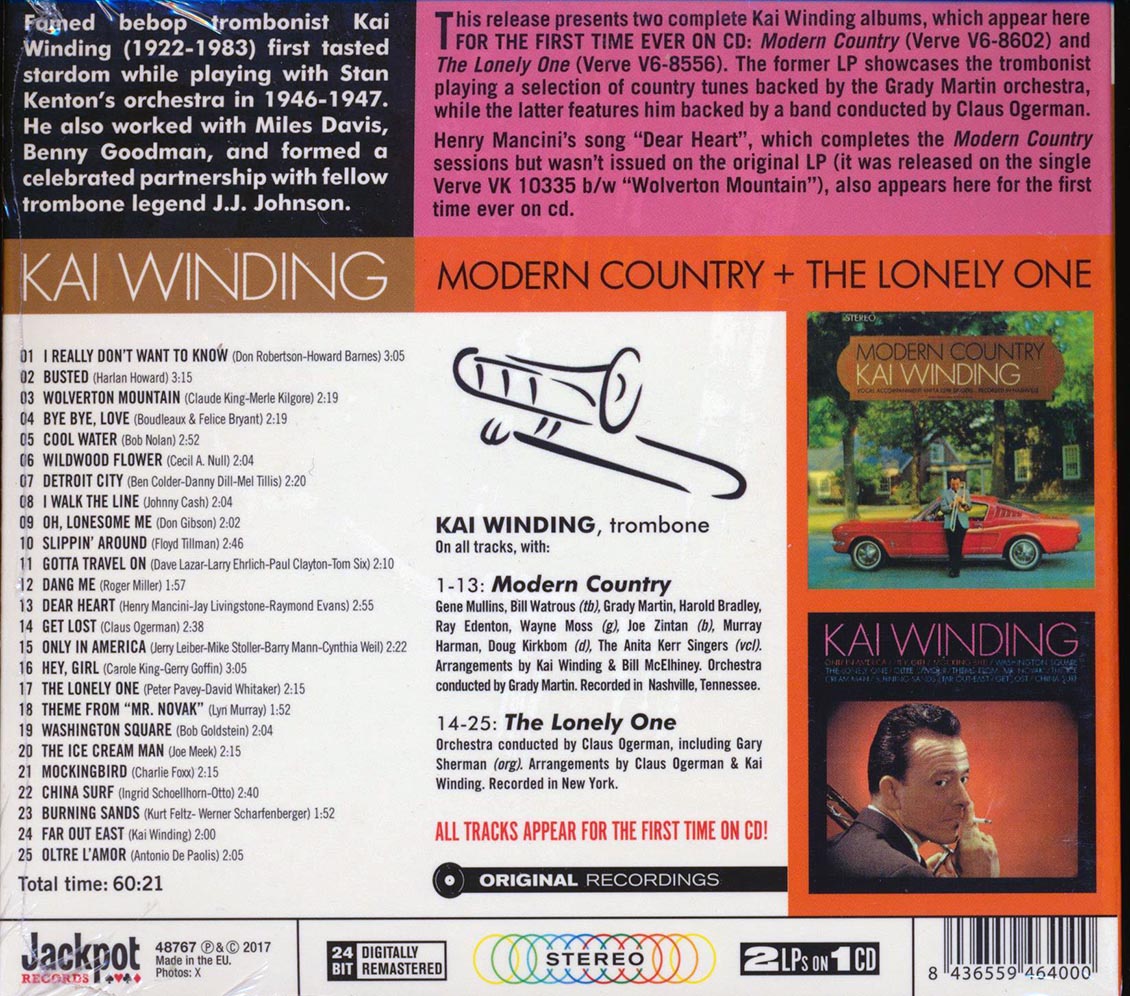Kai Winding - Modern Country + The Lonely One (2 albums on 1 CD) (25 tracks) (ltd. ed.) (deluxe 3-fold digipak) (24-bit mastering) (remastered) [New CD]