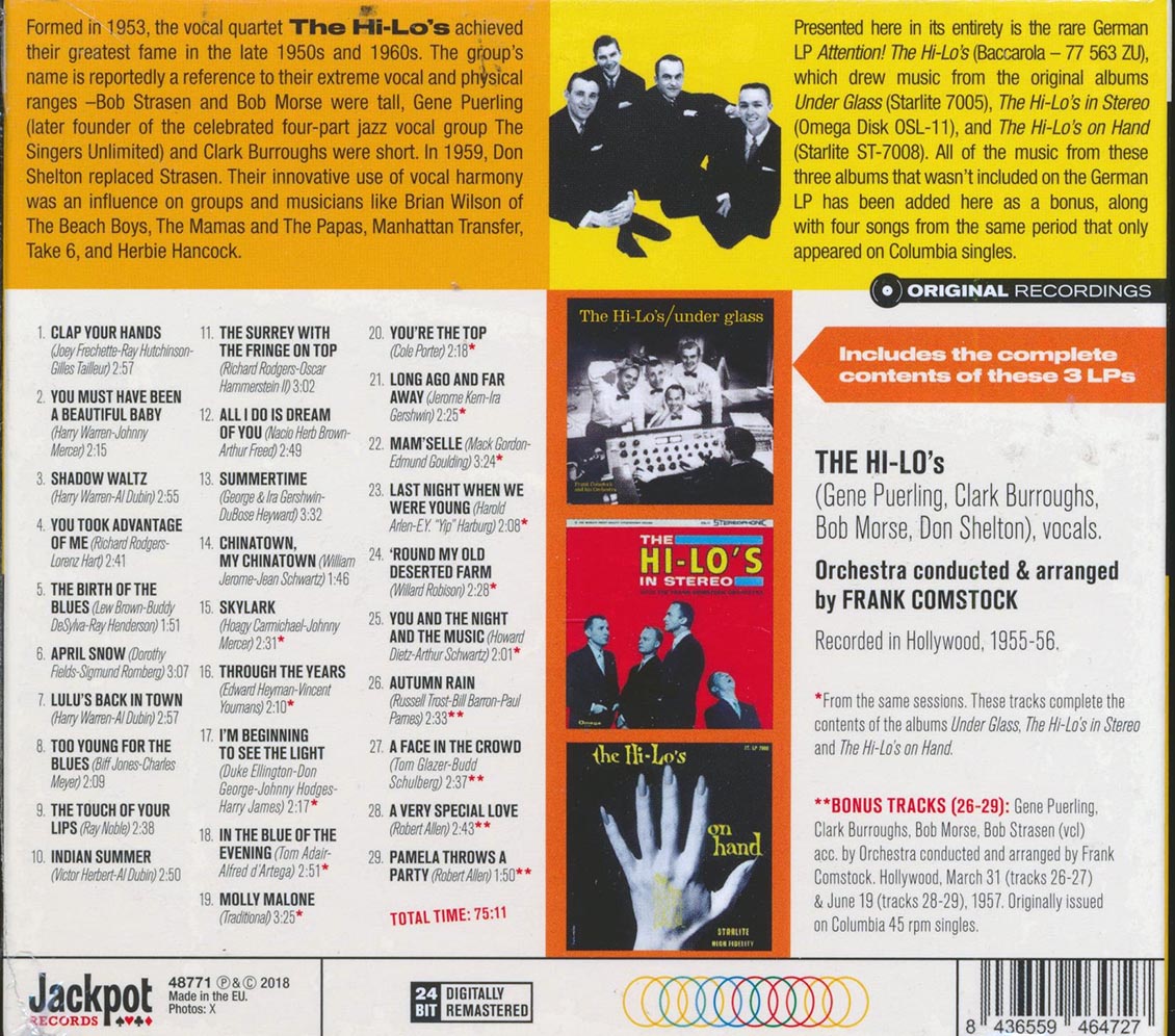 The Hi-Lo's - Attention!: Under Glass + The Hi-Lo's In Stereo + The Hi-Lo's On Hand (3 albums on 1 CD) (29 tracks) (+4 bonus tracks) (ltd. ed.) (deluxe 3-fold digipak) (24-bit masterin [New CD]