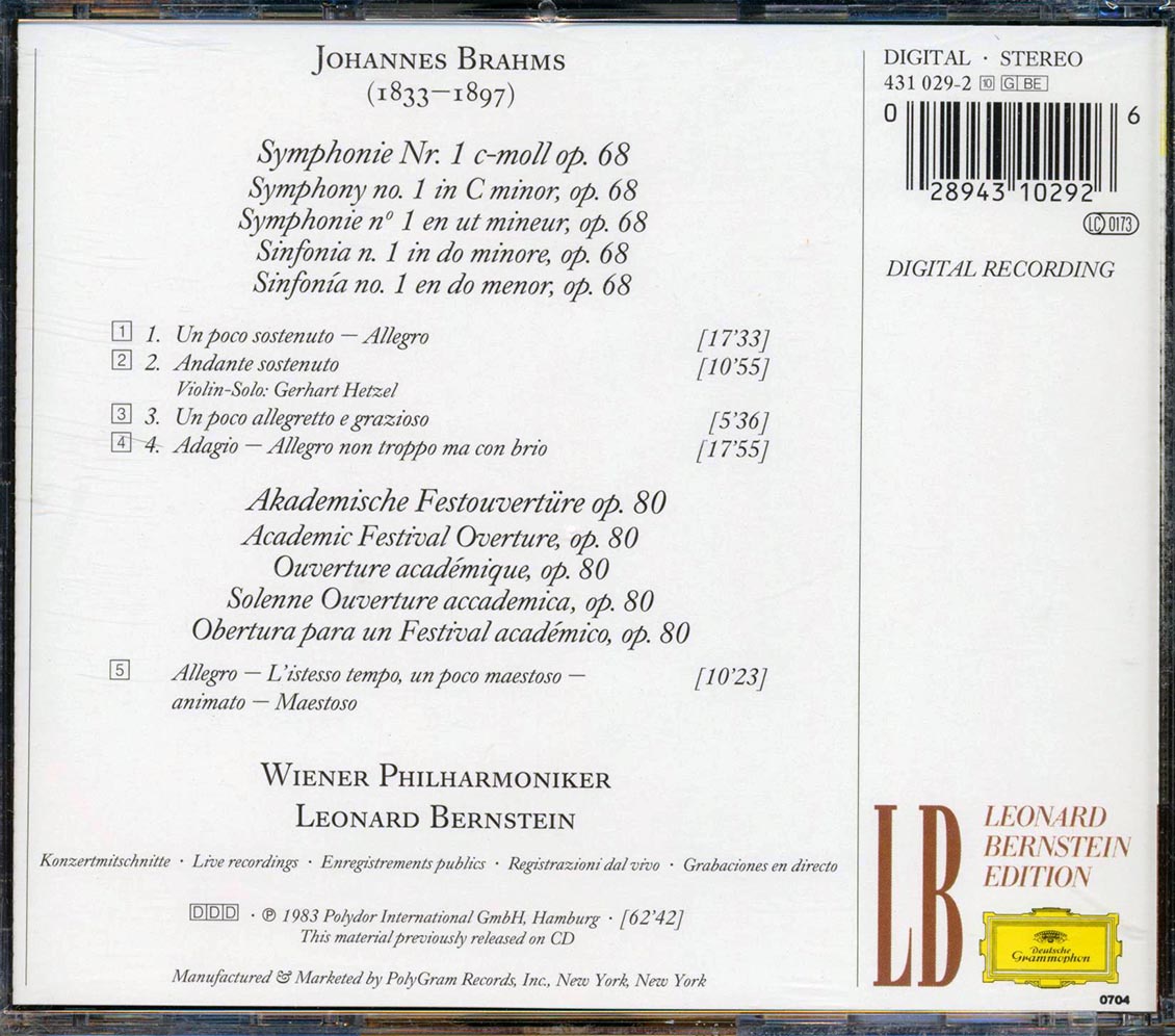 Johannes Brahms, Vienna Philharmonic Orchestra - Symphony No. 1, Acedemic Festival Overture [New CD]