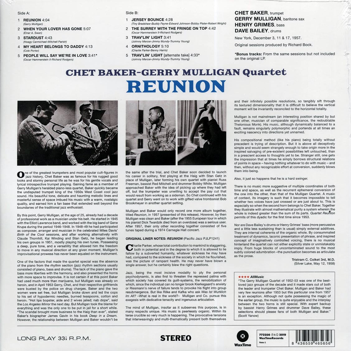 Chet Baker, Gerry Mulligan Quartet - Reunion (+2 bonus tracks) (DMM) (ltd. ed.) (180g) (High-Def VV) (remastered) [New Vinyl Record LP]