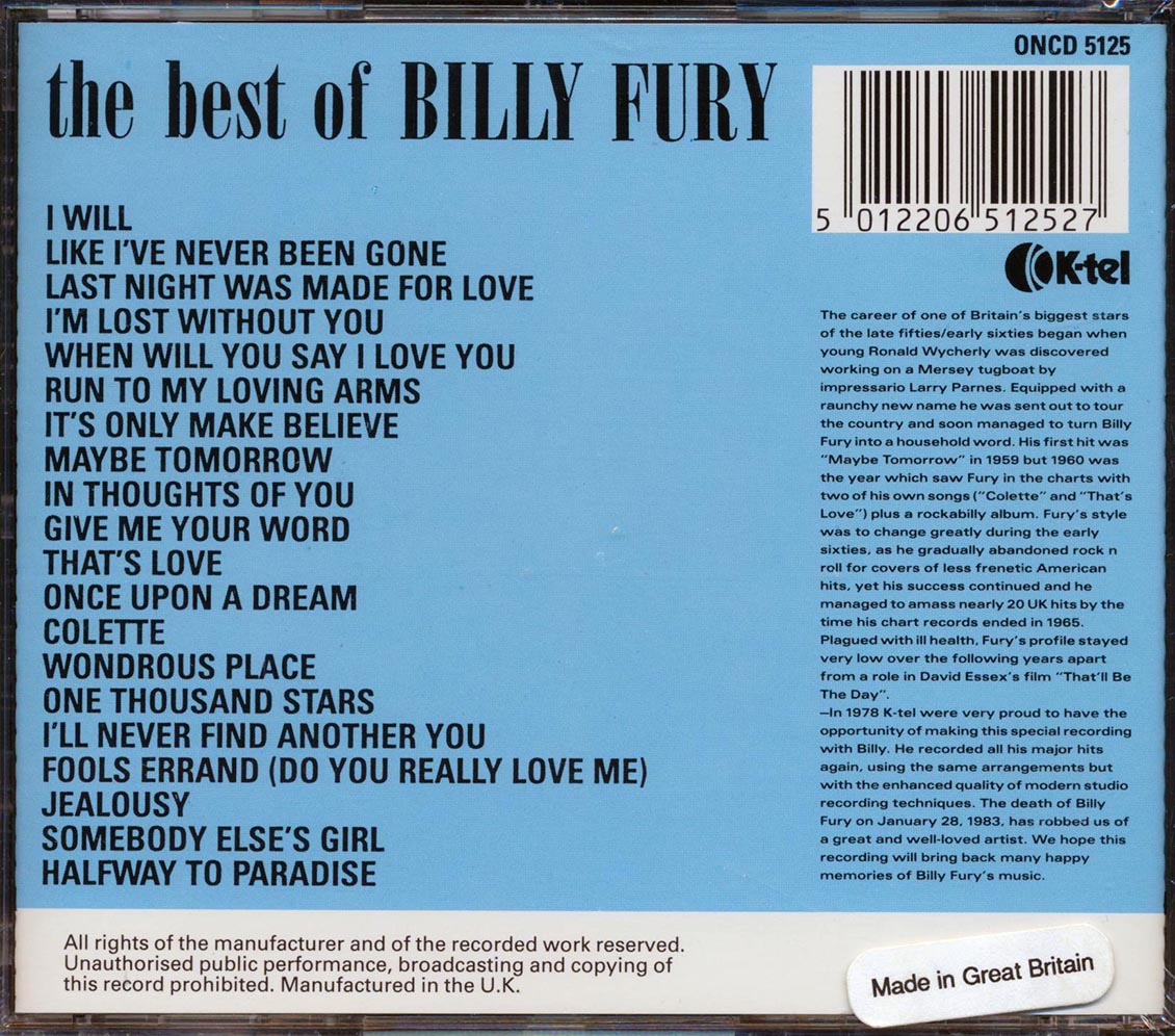 Billy Fury - The Best Of Billy Fury [New CD]
