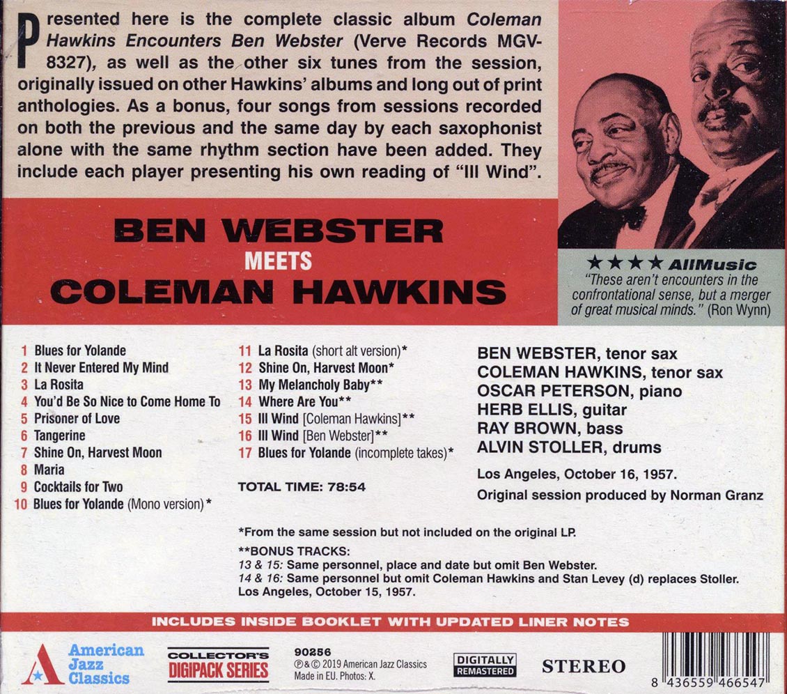 Ben Webster, Coleman Hawkins - Ben Webster Meets Coleman Hawkins: With Oscar Peterson, Herb Ellis, Ray Brown, Alvin Stoller [New CD]