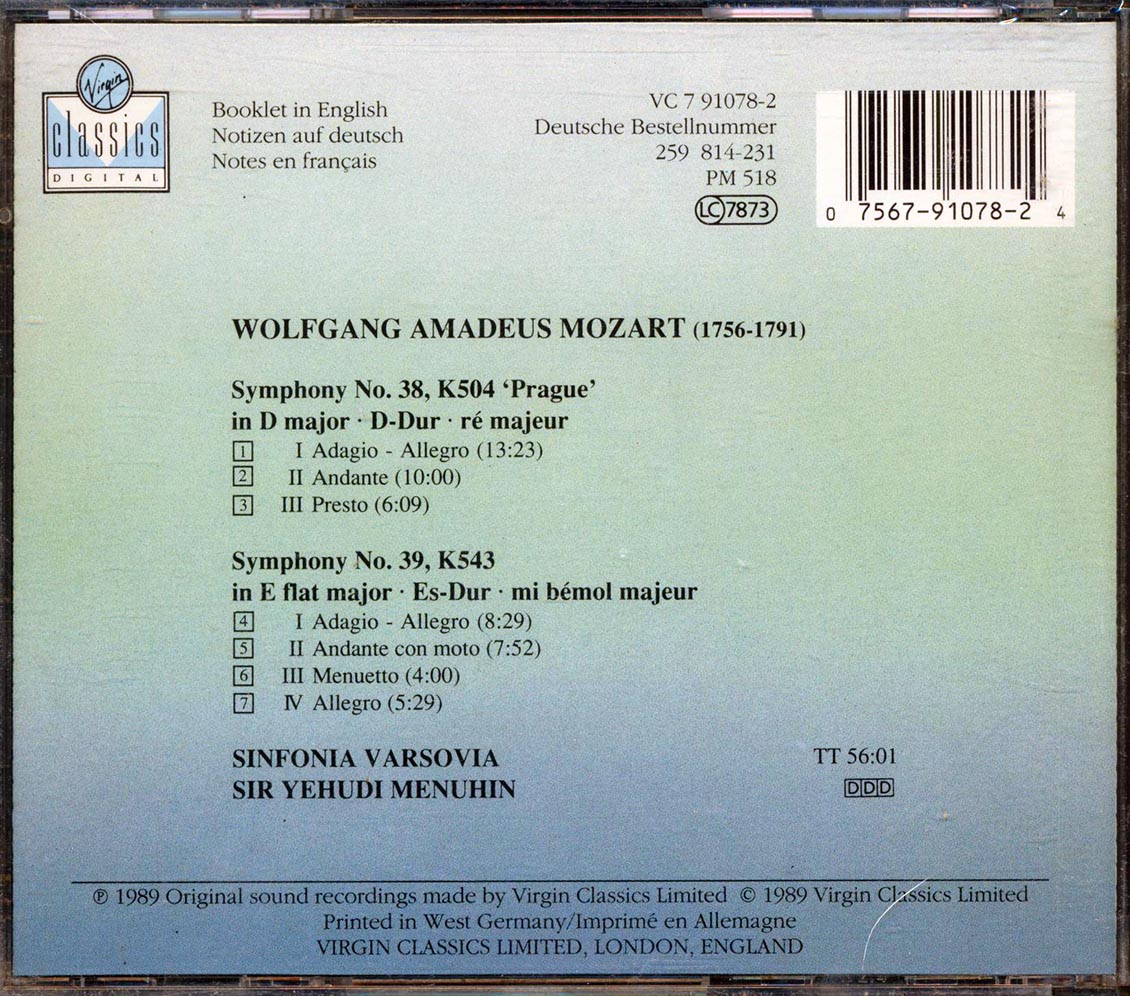 Mozart, Sir Yehudi Menuhin, Sinfonia Varsovia - Symphonies No. 38 Prague And No. 39 [New CD]