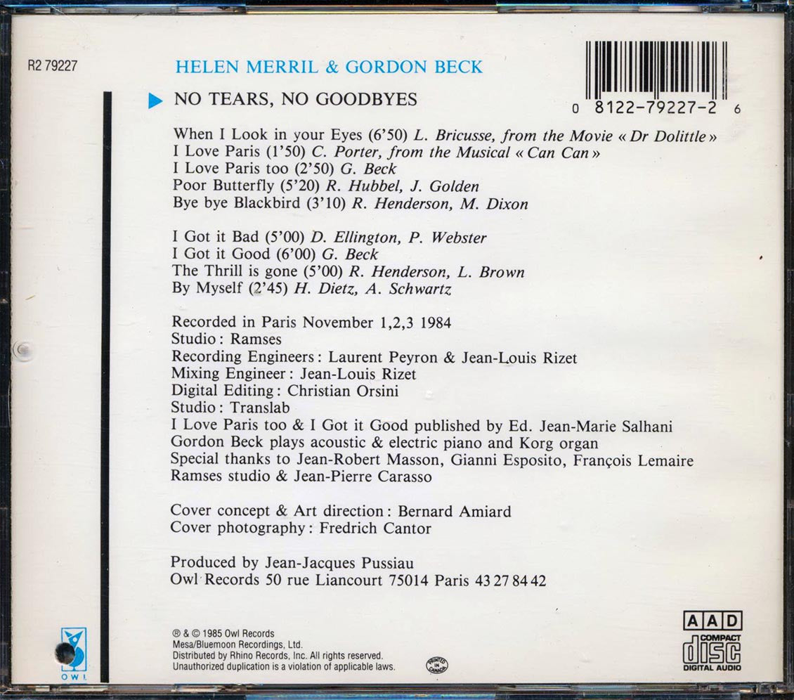 Helen Merrill, Gordon Beck - No Tears, No Goodbyes [New CD]